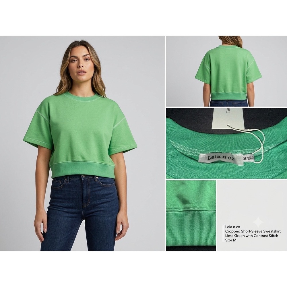Leia n Co‎ Green Cropped Short Sleeve Sweatshirt Cotton Contrast Stitch Medium
